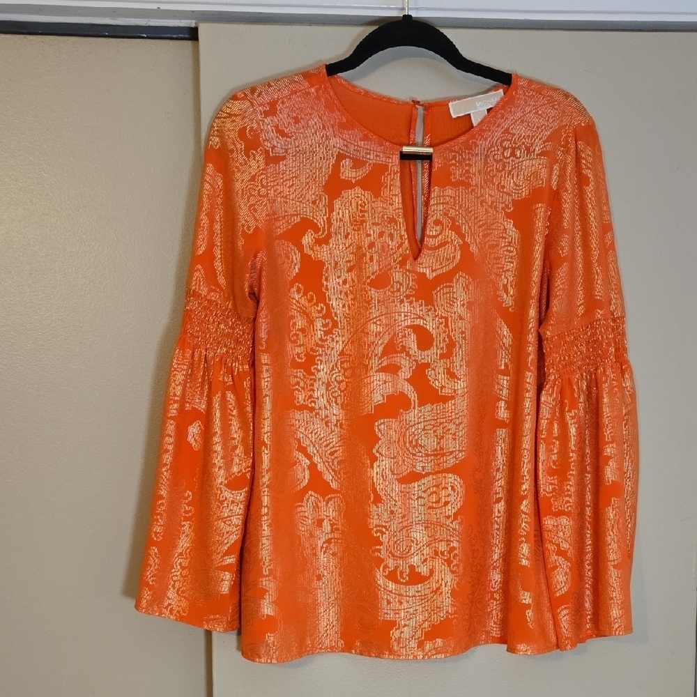 Michael By Michael Kors Orange & Gold Patterned Women's Top Size Medium